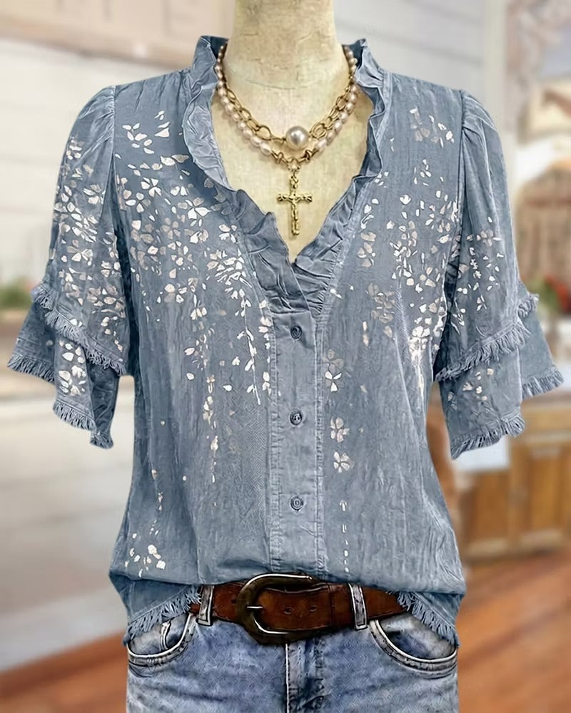 Ruffle Trim V Neck Tiered Sleeve Floral Button Front Blouse
