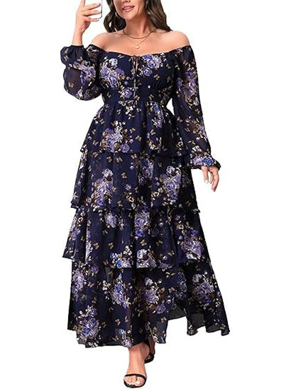 Women's Floral Ruffle Long Sleeves Layered Maxi Dress