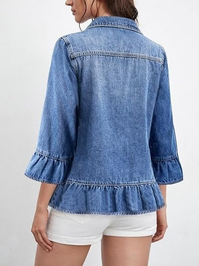 Women's 3/4 Ruffle Sleeve Denim Jacket