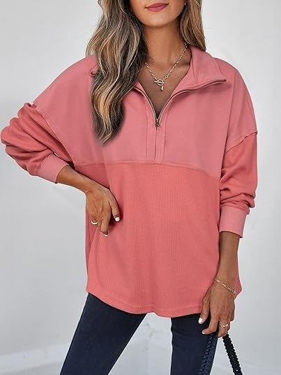 Women's Half Zip Waffle Knit Pullover Top