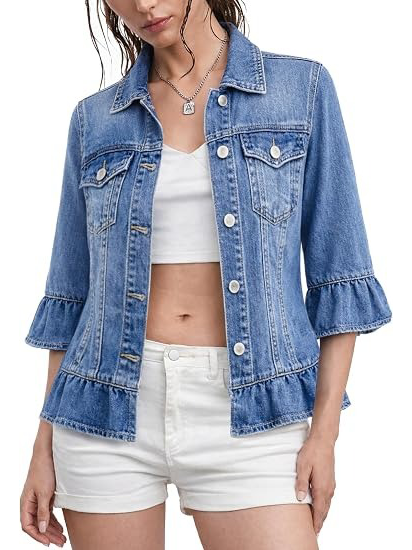 Women's 3/4 Ruffle Sleeve Denim Jacket