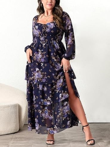 Women's Floral Ruffle Long Sleeves Layered Maxi Dress