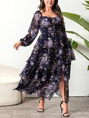 Women's Floral Ruffle Long Sleeves Layered Maxi Dress