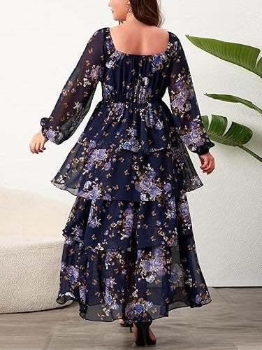 Women's Floral Ruffle Long Sleeves Layered Maxi Dress