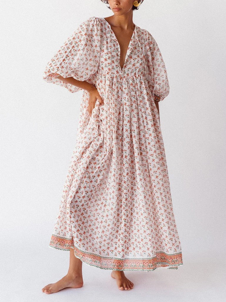 Women's Romantic Floral Lantern Sleeve Flowy Maxi Dress