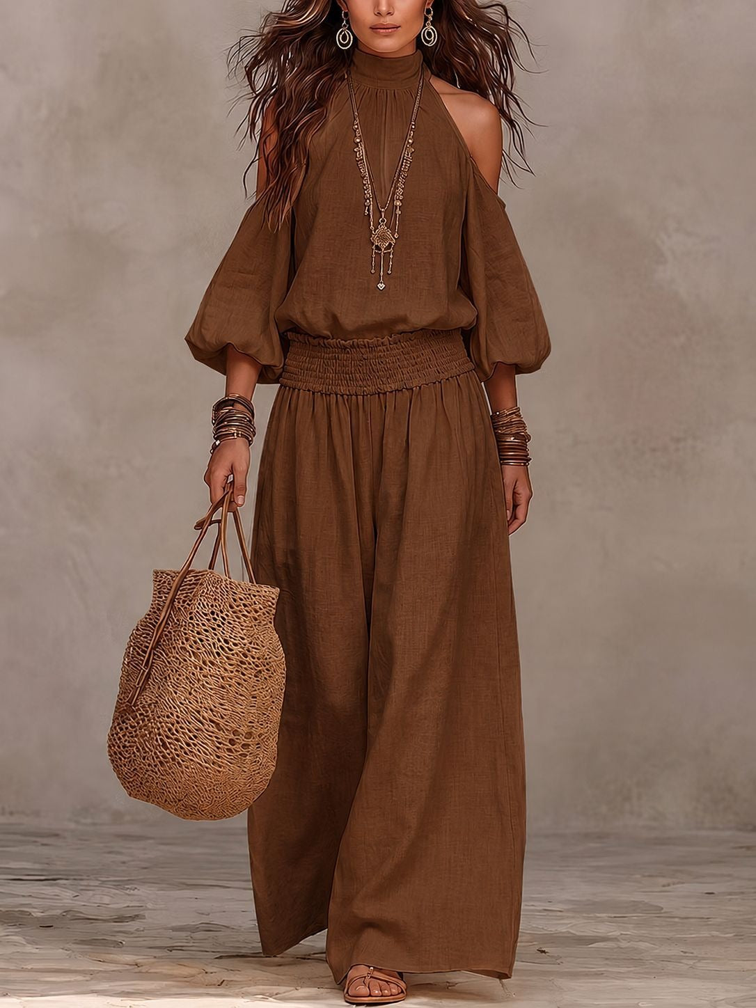 Women's High Neck Puff Sleeve Vacation Matching Outfit
