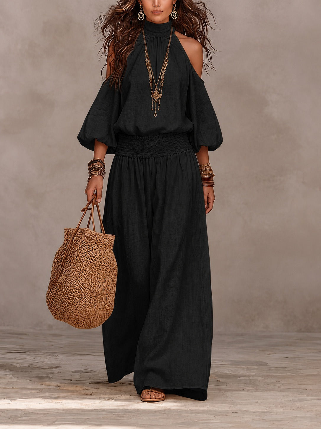 Women's High Neck Puff Sleeve Vacation Matching Outfit