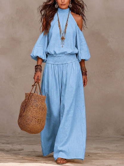 Women's High Neck Puff Sleeve Vacation Matching Outfit