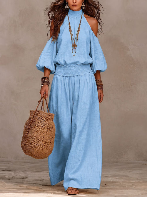 Women's High Neck Puff Sleeve Vacation Matching Outfit