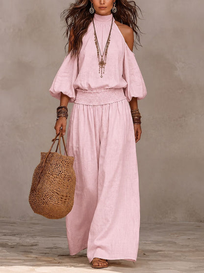 Women's High Neck Puff Sleeve Vacation Matching Outfit