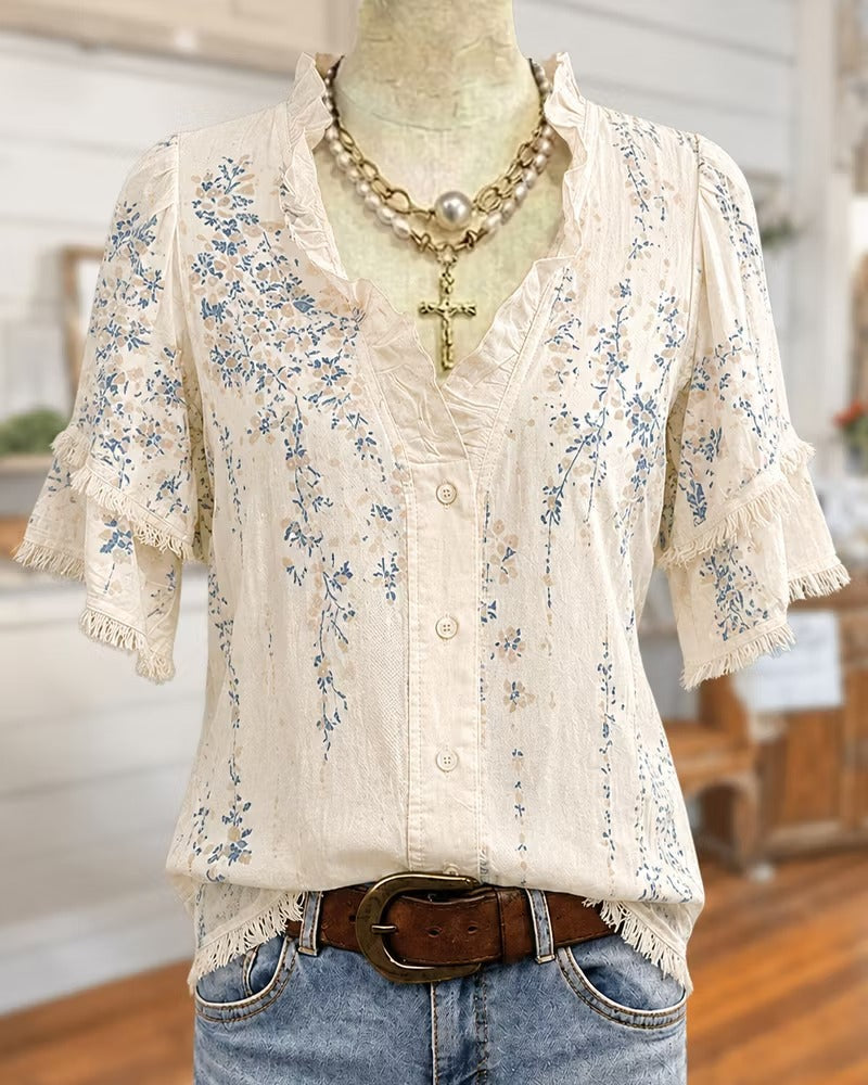 Ruffle Trim V Neck Tiered Sleeve Floral Button Front Blouse