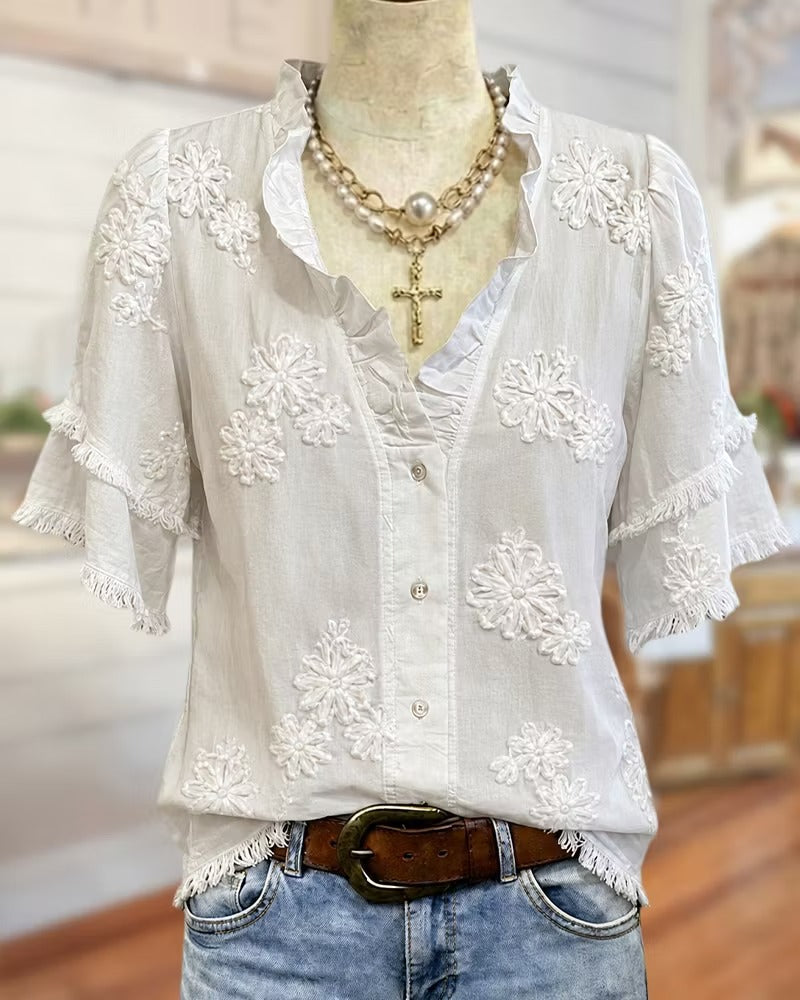 Ruffle Trim V Neck Tiered Sleeve Floral Button Front Blouse