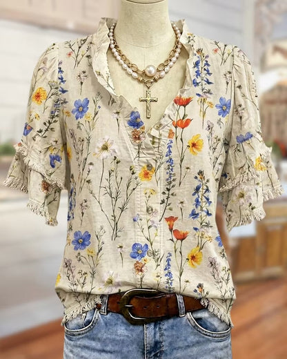 Ruffle Trim V Neck Tiered Sleeve Floral Button Front Blouse