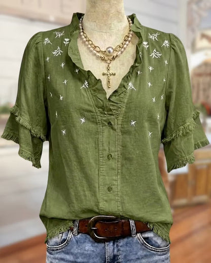 Ruffle Trim V Neck Tiered Sleeve Floral Button Front Blouse
