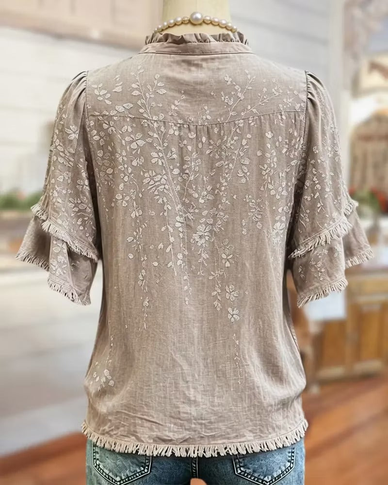 Ruffle Trim V Neck Tiered Sleeve Floral Button Front Blouse