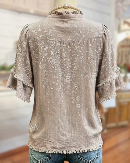 Ruffle Trim V Neck Tiered Sleeve Floral Button Front Blouse