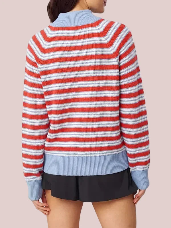 Women's Striped Waffle Knit Half Zip Pullover