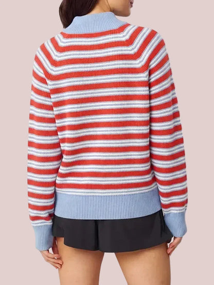 Women's Striped Waffle Knit Half Zip Pullover