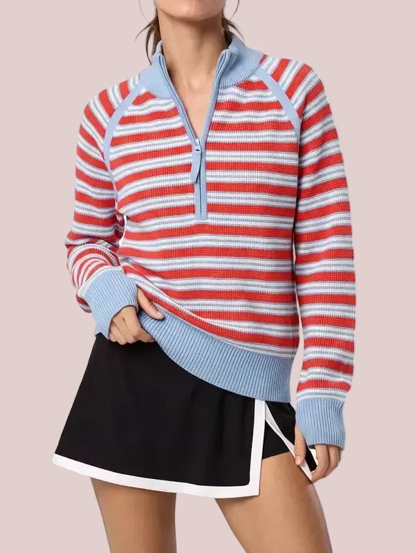 Women's Striped Waffle Knit Half Zip Pullover