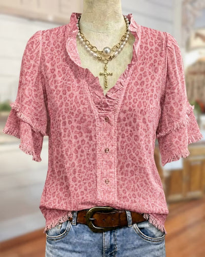 Ruffle Trim V Neck Tiered Sleeve Floral Button Front Blouse