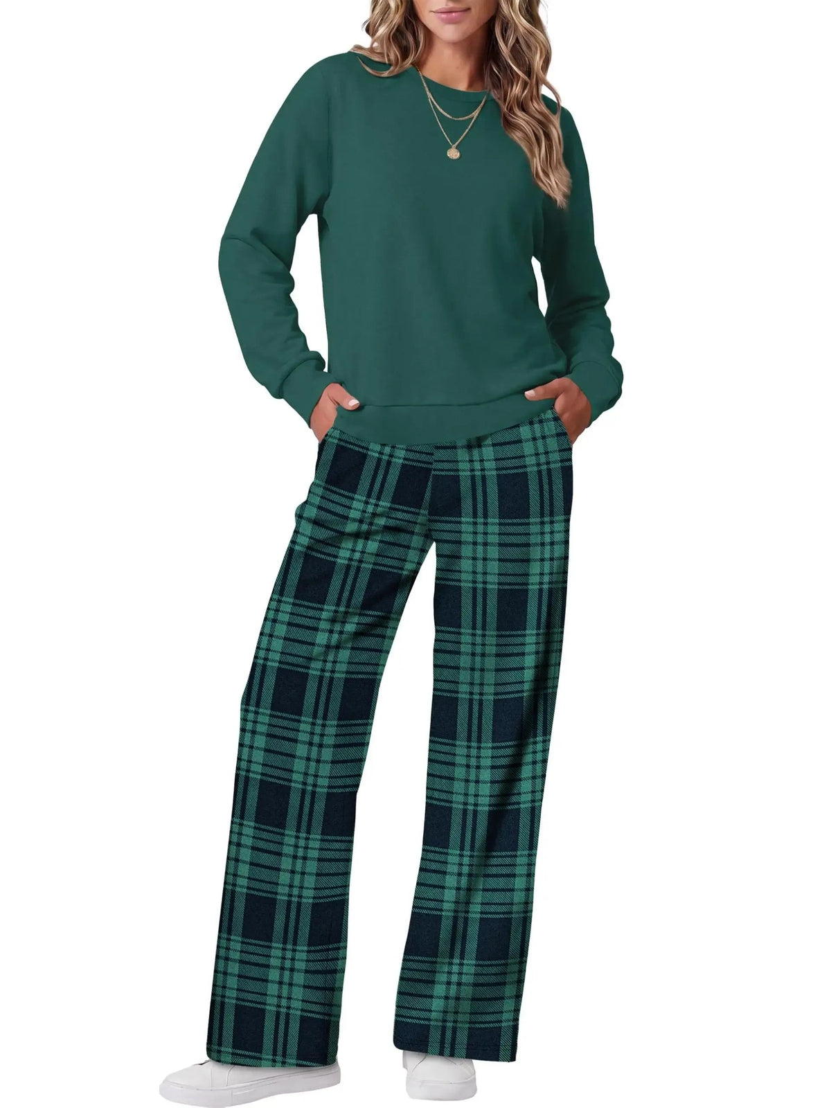 Women Two Piece Outfit Crew Neck Top And Wide Leg Pants Set