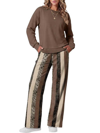 Women Two Piece Outfit Crew Neck Top And Wide Leg Pants Set
