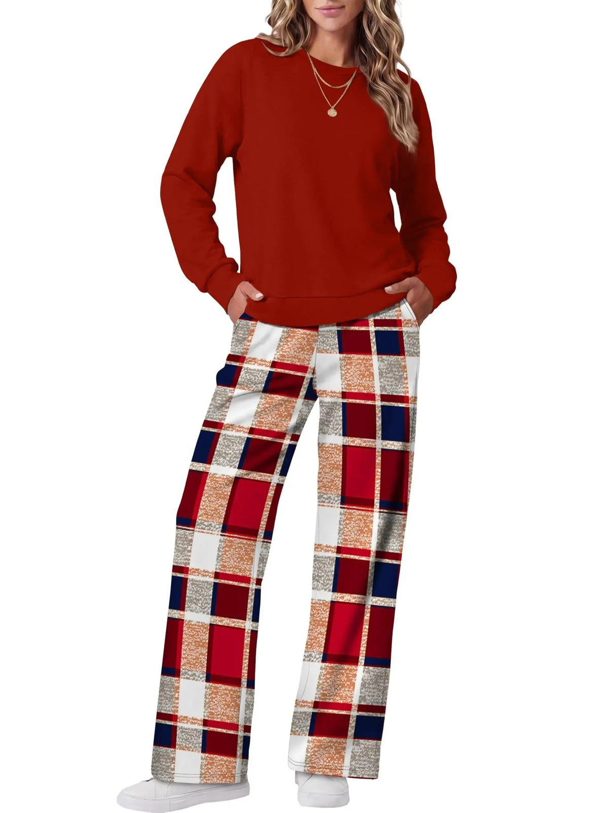 Women Two Piece Outfit Crew Neck Top And Wide Leg Pants Set