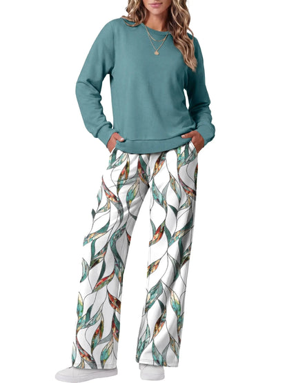 Women Two Piece Outfit Crew Neck Top And Wide Leg Pants Set