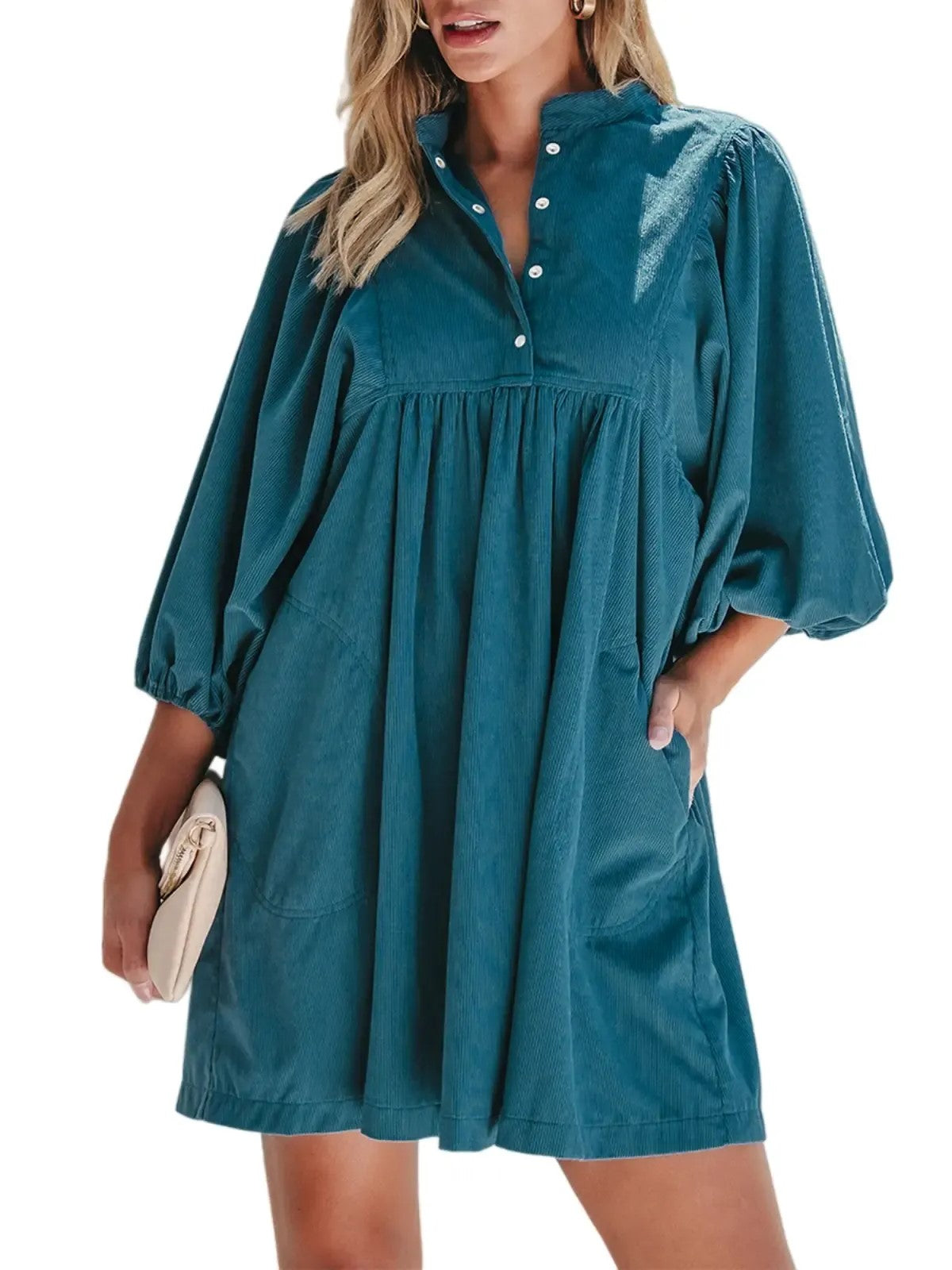 Women's Loose‑Fit Lantern Sleeve Corduroy Dress