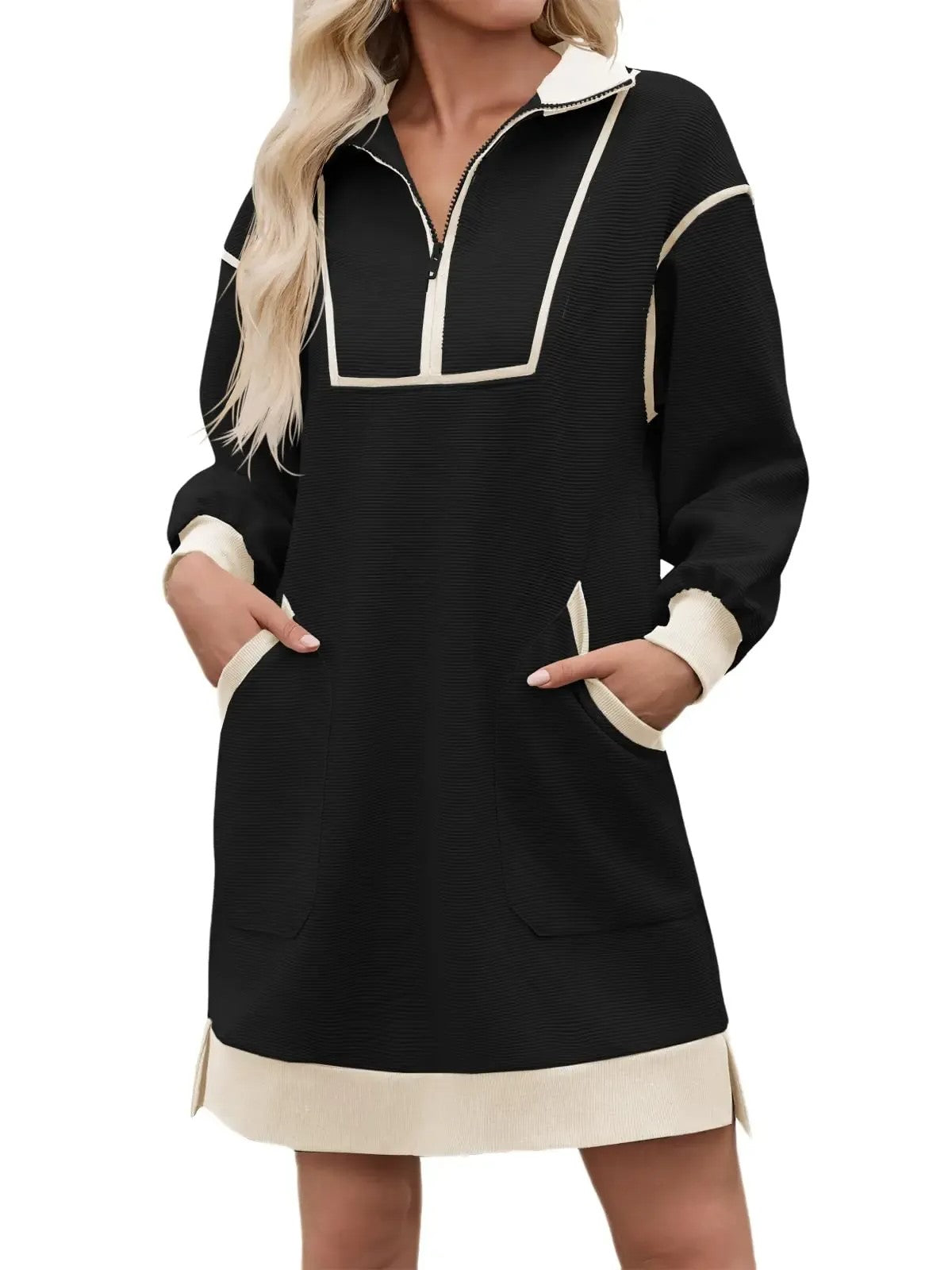 Limited time sale🔥Women's Half Zip Contrast Trim Pocket Dress