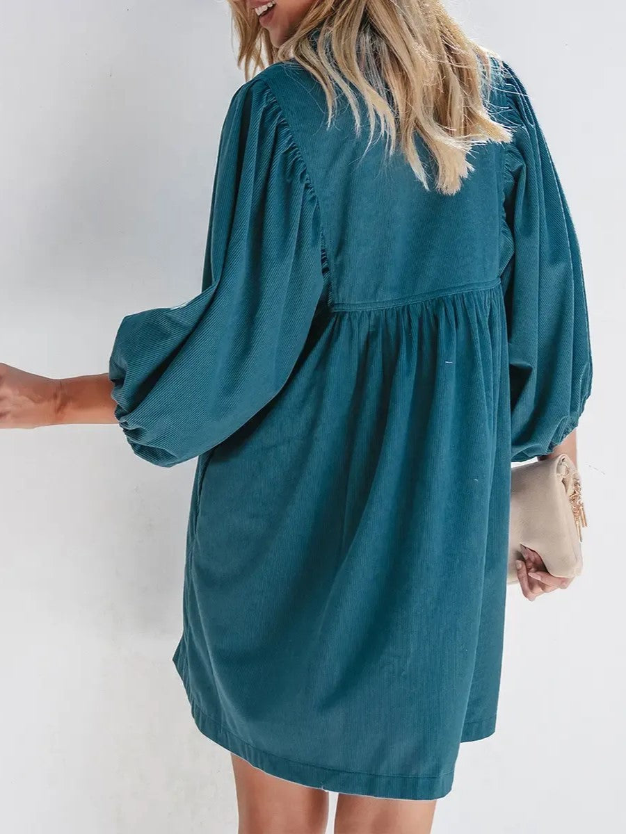 Women's Loose‑Fit Lantern Sleeve Corduroy Dress