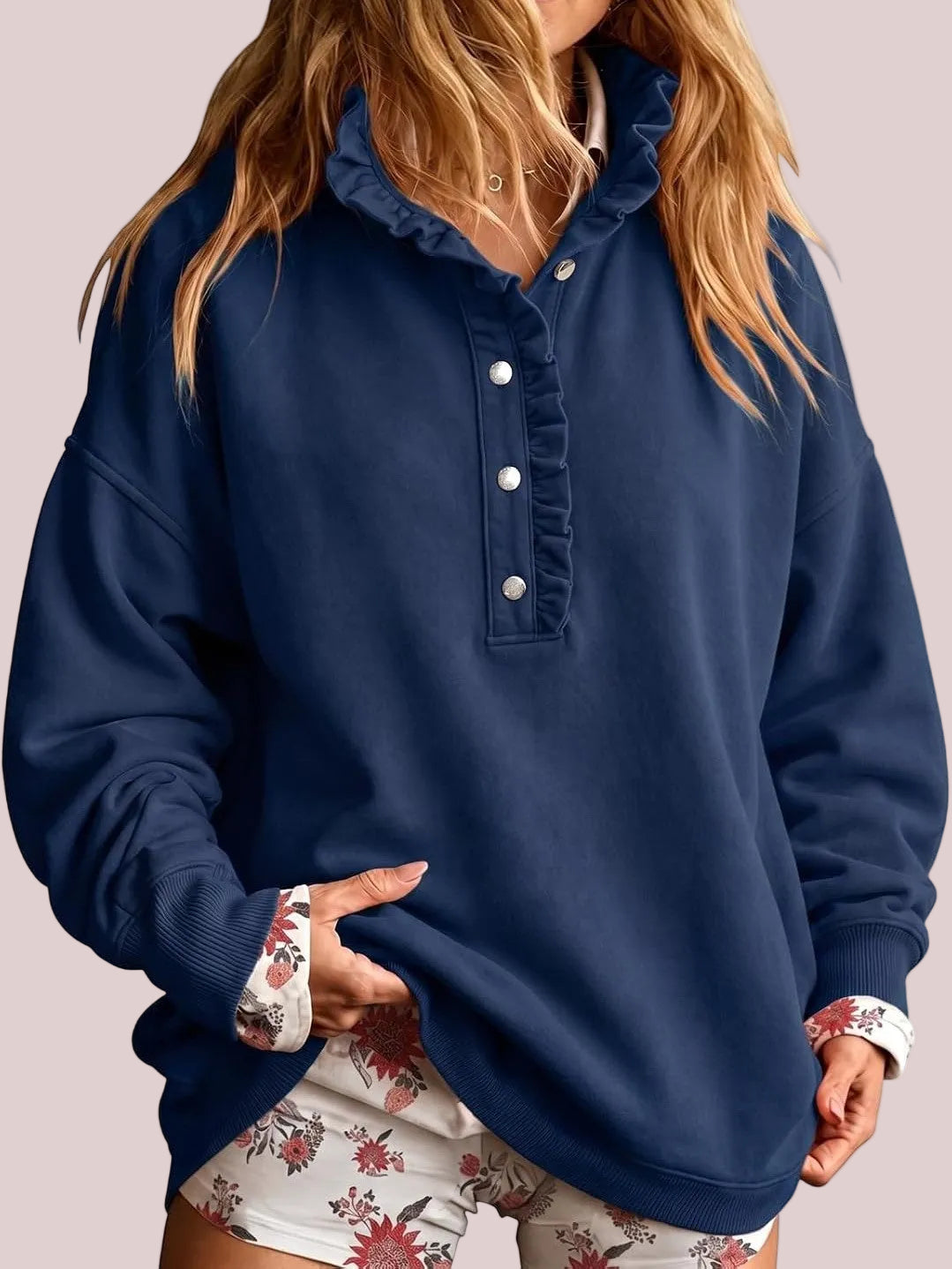 🎀Ruffled Mock Neck Henley Oversized Sweatshirt