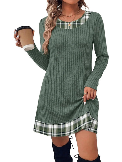 Women's Knit Textured Contrast Collar Tunic Dress