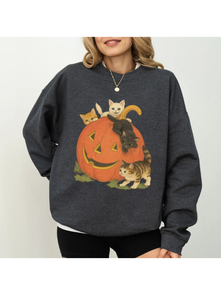 Women's Vintage Halloween Kitten Pumpkin Casual Pullover