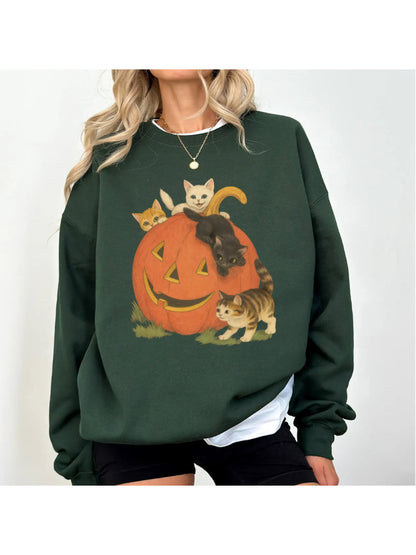 Women's Vintage Halloween Kitten Pumpkin Casual Pullover