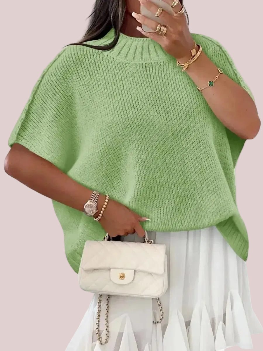 Women's Mock‑Neck Batwing Short‑Sleeve Knit Top