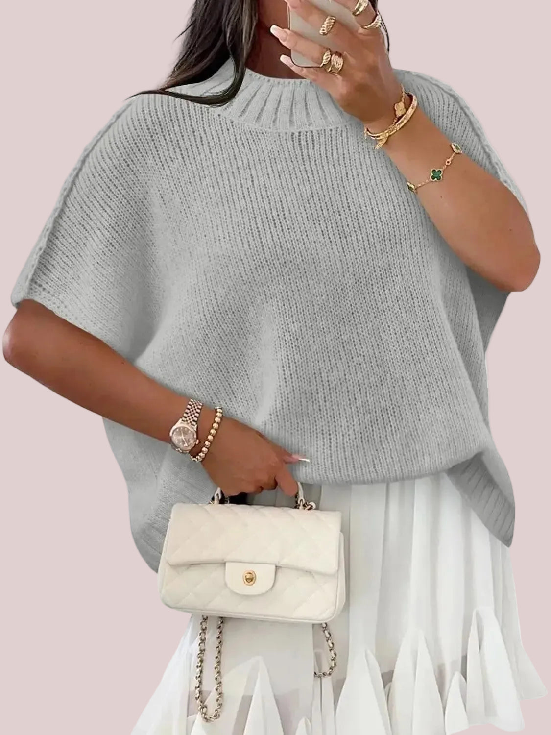 Women's Mock‑Neck Batwing Short‑Sleeve Knit Top