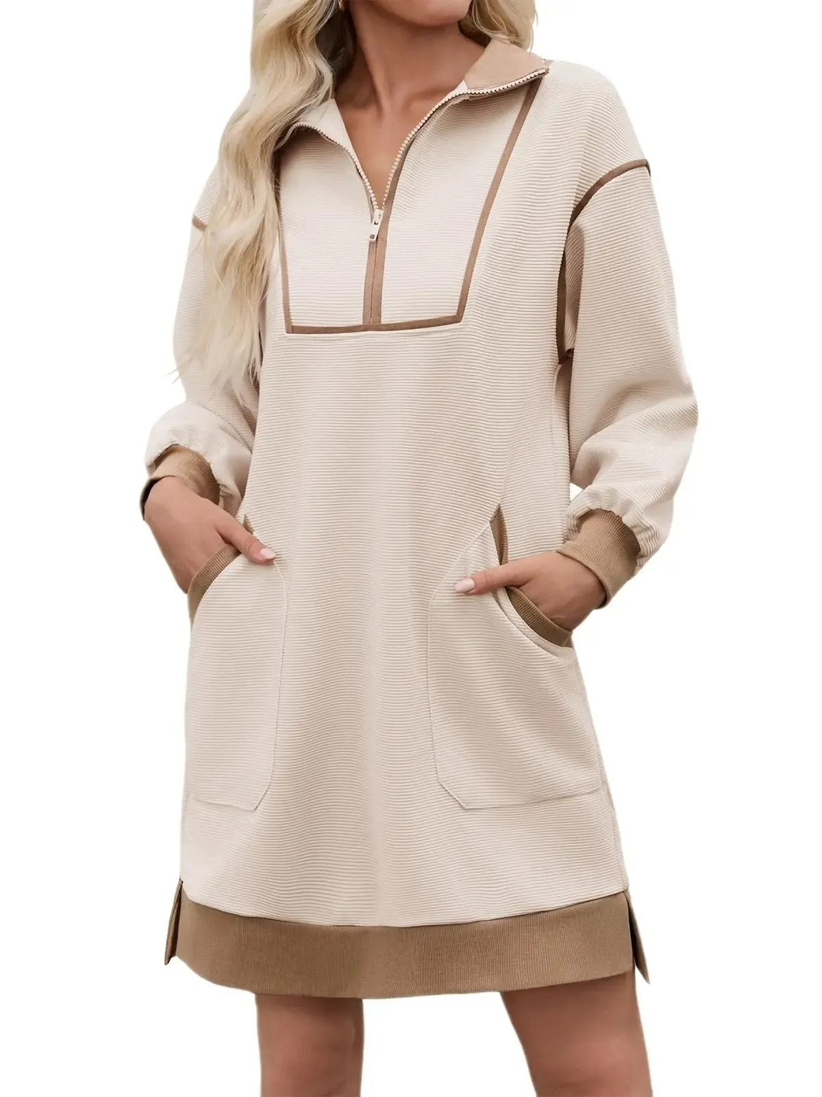 Limited time sale🔥Women's Half Zip Contrast Trim Pocket Dress