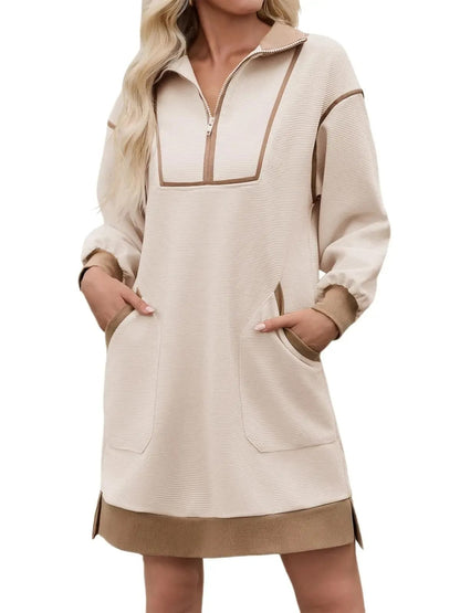 Limited time sale🔥Women's Half Zip Contrast Trim Pocket Dress