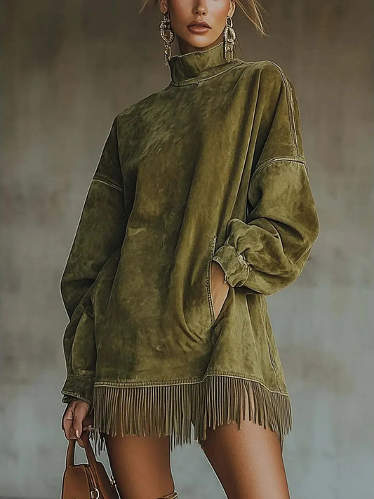 Women's High Neck Fringe Trim Dress