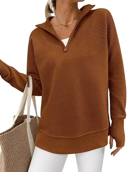 Women's Textured Half‑Zip Collared Top With Thumb Holes
