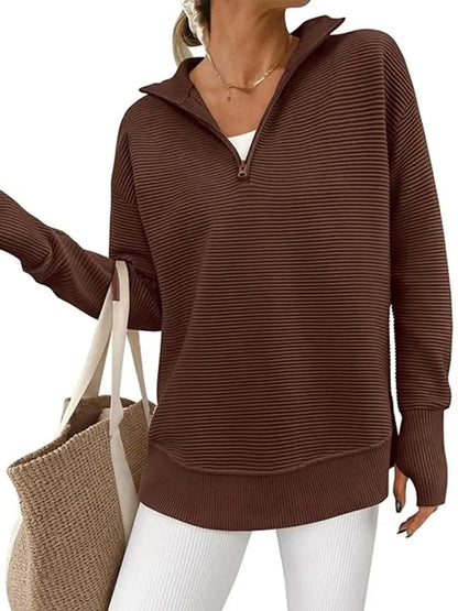 Women's Textured Half‑Zip Collared Top With Thumb Holes