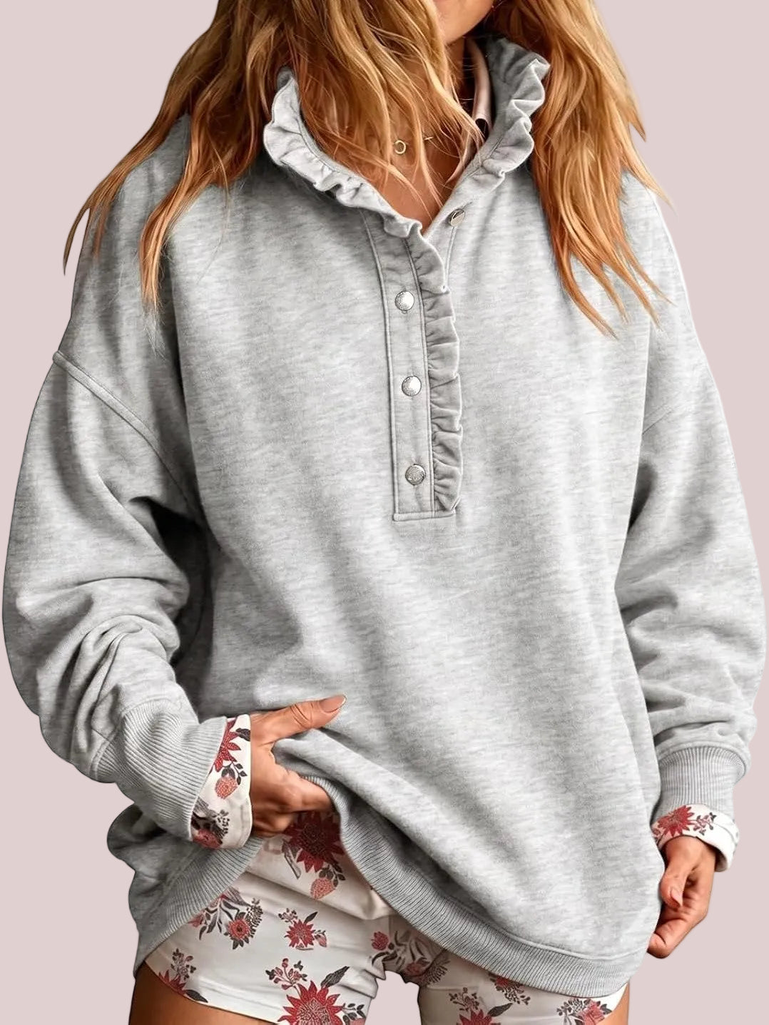 🎀Ruffled Mock Neck Henley Oversized Sweatshirt
