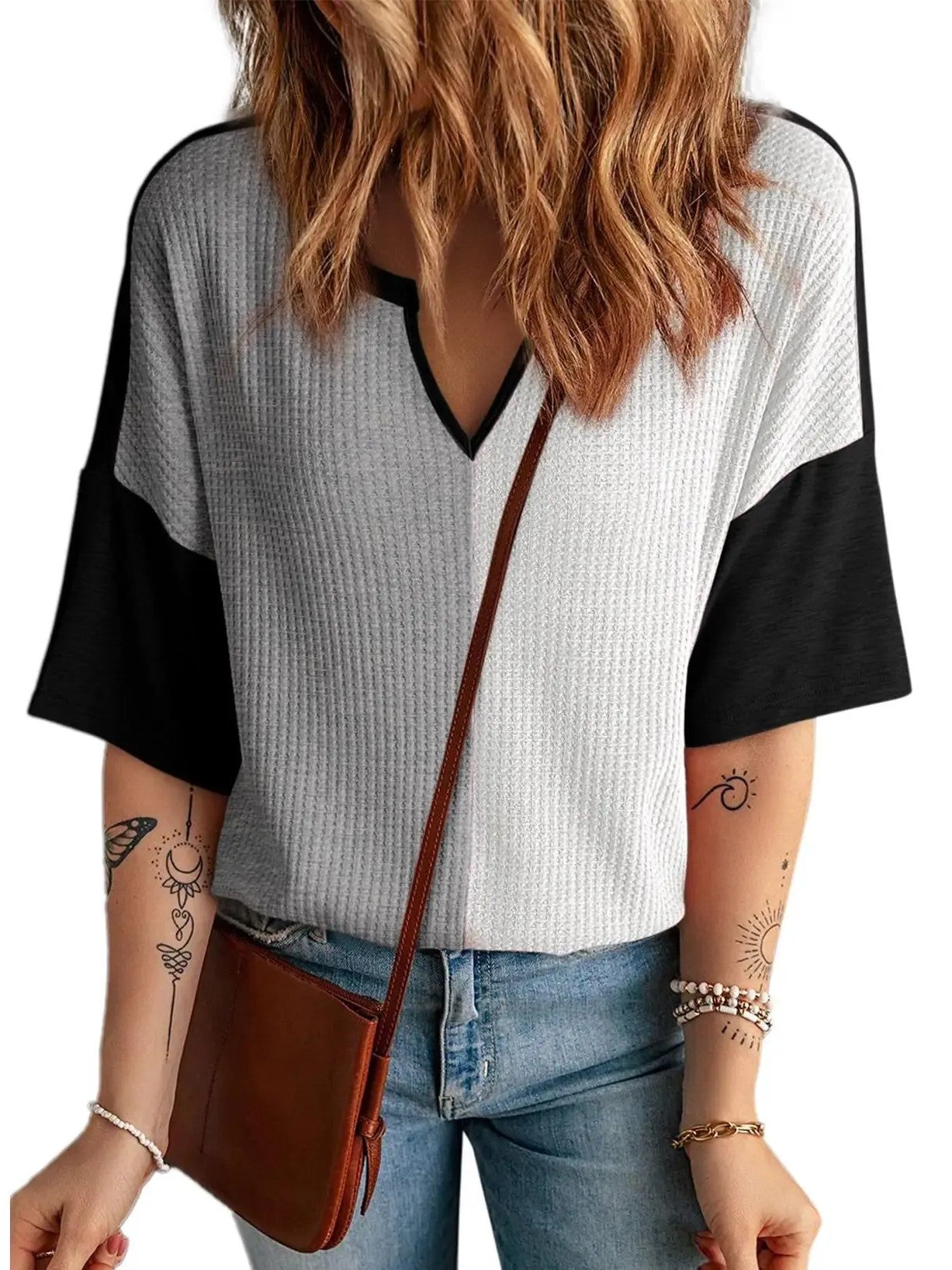 Women's Color Block Waffle Knit Notch Neck Top