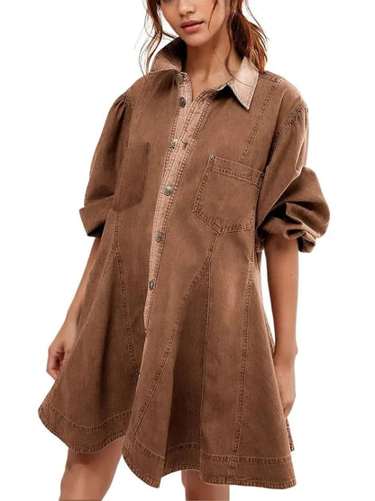Women's Vintage Puff‑Sleeve Button‑Front Shirt Dress