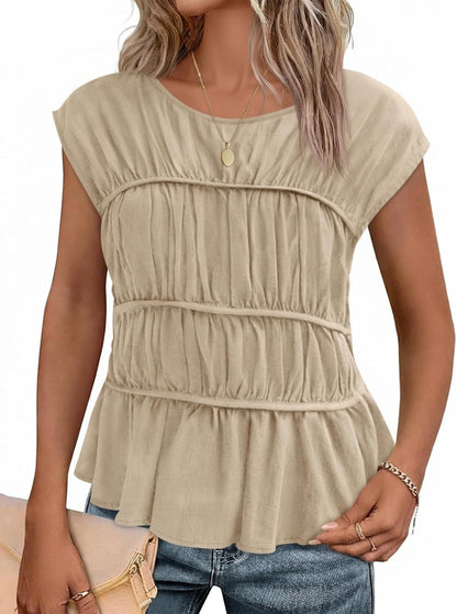 Women Cap Sleeve Smocked Peplum Babydoll Blouse Crew Neck Pleated Casual Top