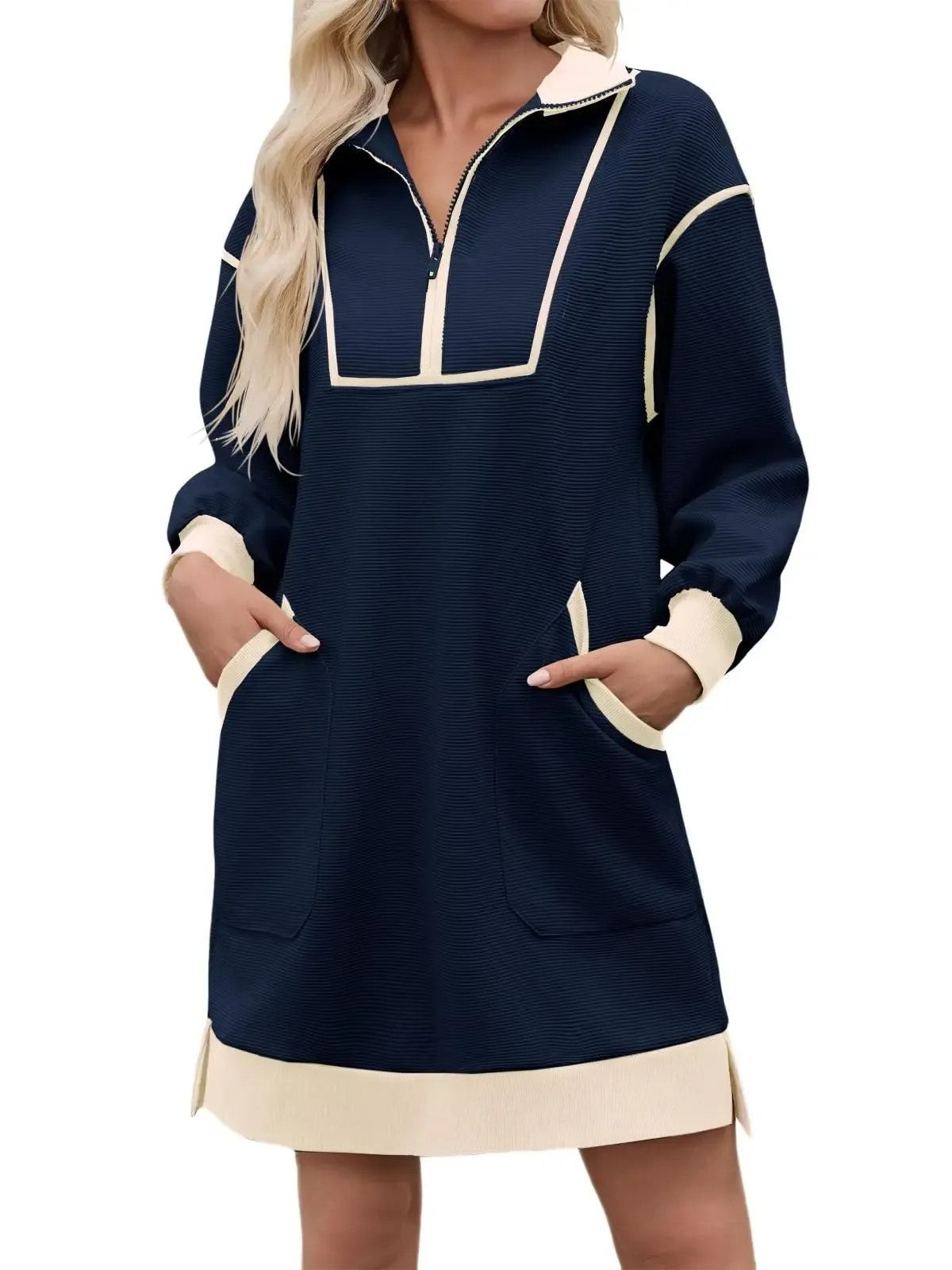 Limited time sale🔥Women's Half Zip Contrast Trim Pocket Dress