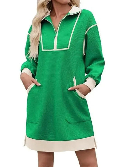 Limited time sale🔥Women's Half Zip Contrast Trim Pocket Dress
