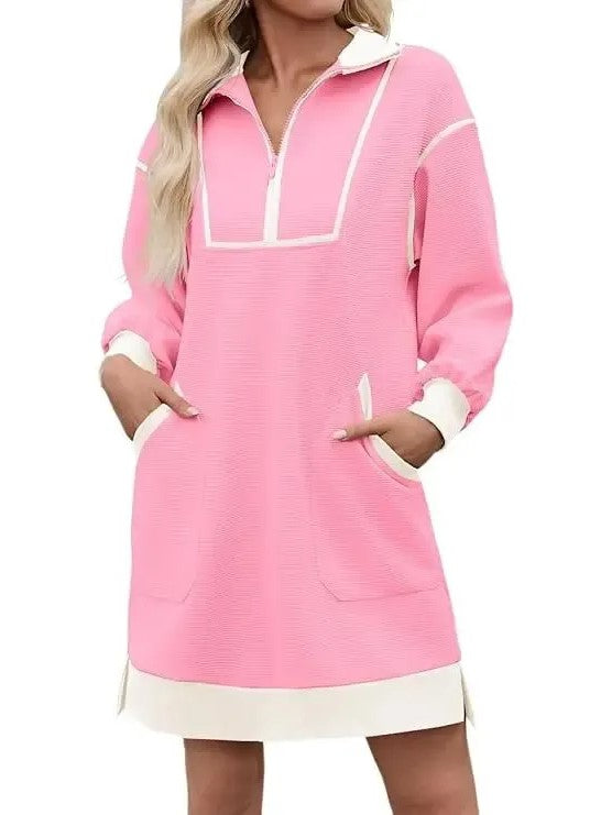 Limited time sale🔥Women's Half Zip Contrast Trim Pocket Dress