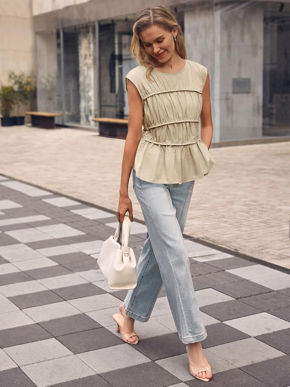 Women Cap Sleeve Smocked Peplum Babydoll Blouse Crew Neck Pleated Casual Top
